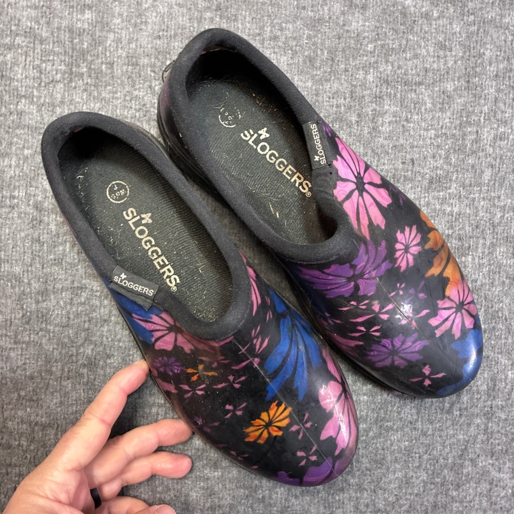 Vintage Sloggers Garden Shoes Women‎ 8 Black Floral Waterproof Comfort Clogs USA